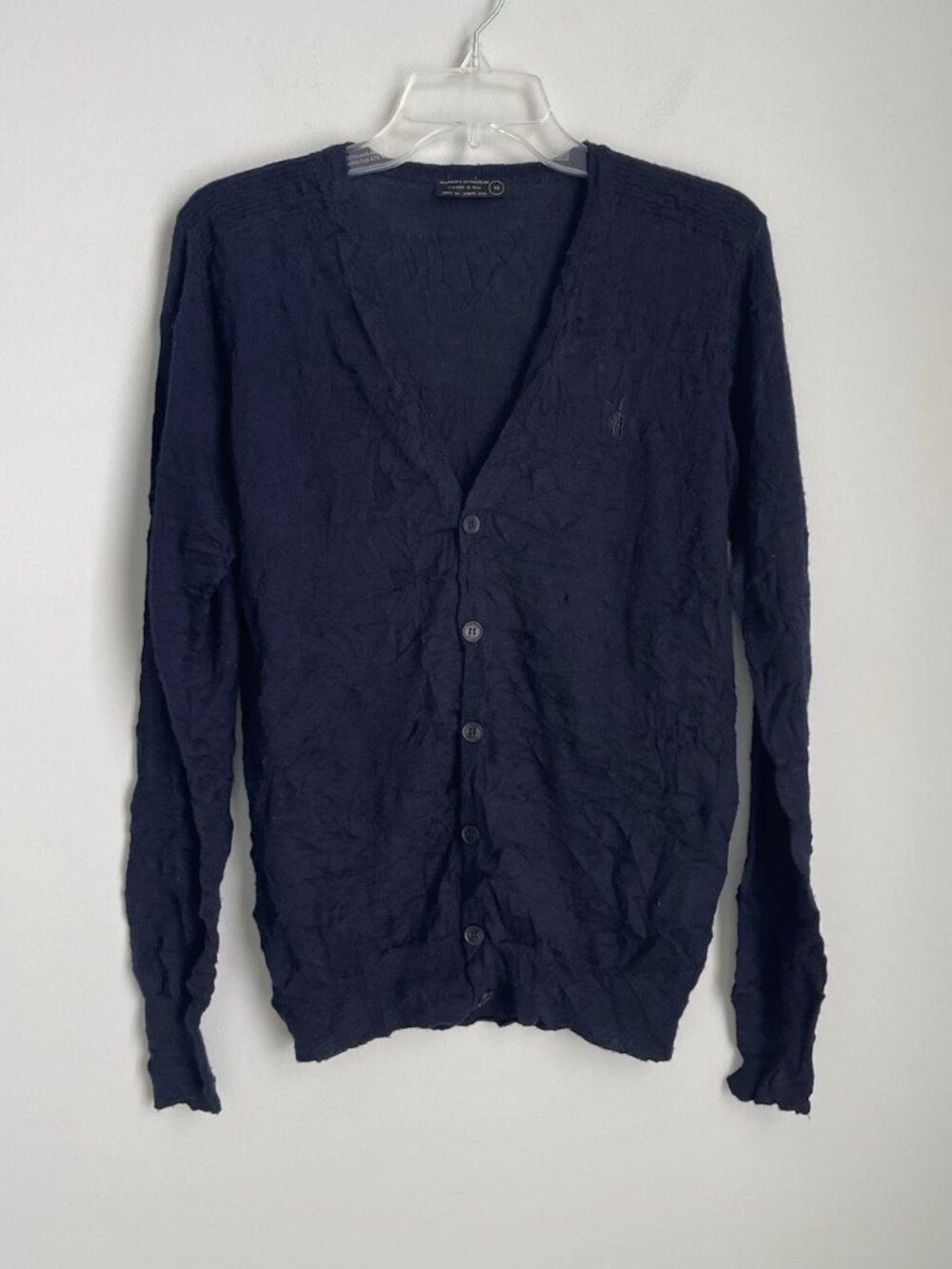 Allsaints Spitalfields Navy 100% Merino Wool Shadow Cardigan Crinkle Knit